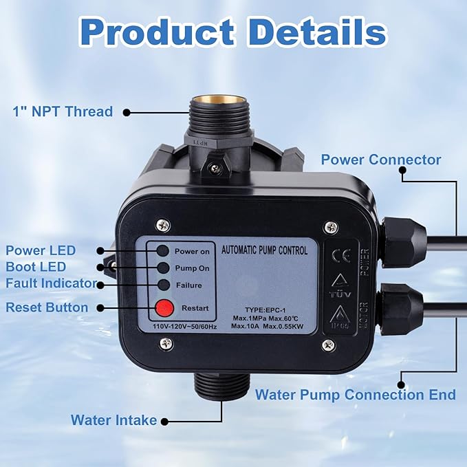 Smart Water Pump Pressure Controller - Automatic Electronic Switch, Adjustable Pressure Range 1.5-2.5bar, Easy Plug-and-Play, 110-120V, Ideal for Various Pump Types