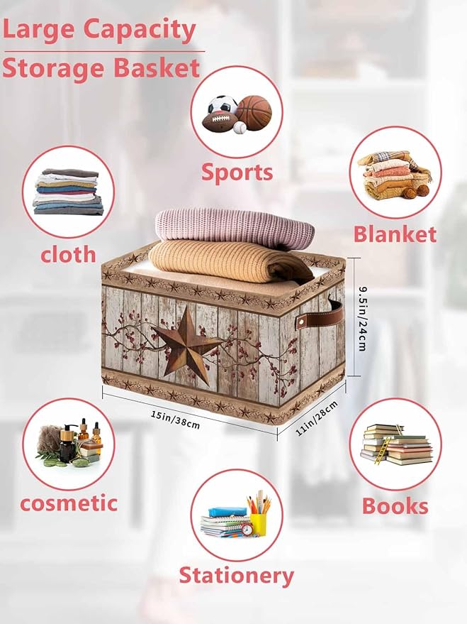 Vintage Texas Star Wooden Storage Bins Cubes Waterproof Cloth Storage Basket, Farmhouse Berry Country Foldable Storage Bags for Shelf Closet Clothes Storages Organizers with Handles 15x11x9.5 in 2PCS