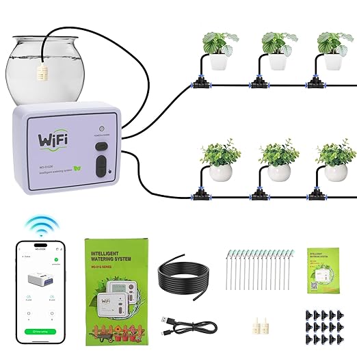 Smart WiFi Drip Irrigation System,Dual Channel Automatic Watering Kit for 20 Potted Plants,Compatible with Alexa/Google Home,Timer with App Control,20 Adjustable Emitters & 15M Hose for Indoor Garden