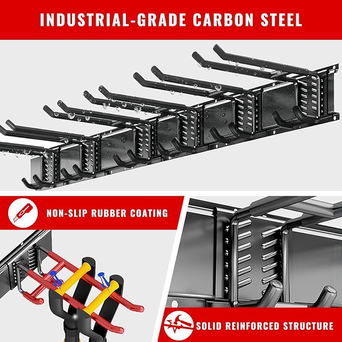 Garage Tool Organizer Wall Mount, Easy to 48inch Install Heavy-Duty Garage Storage System with 6 Adjustable Straight Hooks, Garden Tool Rack for Shovels, Rakes, Yard Tools