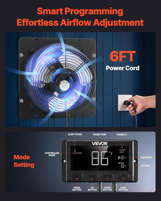 VEVOR 12 inch Exhaust Fan, Wall Mounted Attic Fan with Variable Speed, Temperature & Humidity Controller, 1500 CFM, Automatic Shutter