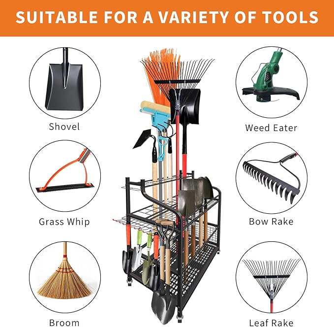 Garden Tool Organizer, Yard Tool Organizer with Wheels, Metal Yard Tools Storage, Heavy Duty Garden Tool Organizer for Garage, Partitioned Tool Organizer and Storage for Garage, Tool Stand, Outdoor