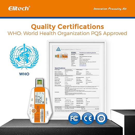 Elitech WHO PQS Certificated 5 Pack 120 Days Temperature Humidity Data Logger with Light Sensor Single-Use Cold Chain Monitor (CCM) Temperature Recorder with PDF Report 16000 Points LogEt1-TH