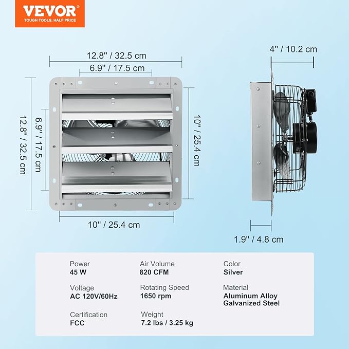 VEVOR 10'' Shutter Exhaust Fan, High-speed 820 CFM, Aluminum Wall Mount Attic Fan with AC-motor, Ventilation and Cooling for Greenhouses, Garages, Sheds, Shops, FCC