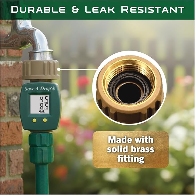 Save A Drop Brass Water Flow Meter| Measure Gallon Usage from an Outdoor Garden Hose | Lawn Sprinkler | Great for Campers | Helps Conserve Water