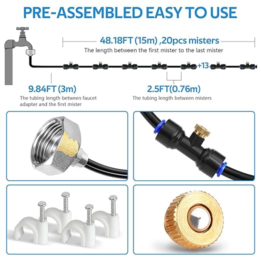 homenote Misting Cooling System 59FT (18M) Misting Line + 20 Brass Mist Nozzles + Brass Adapter(3/4") Outdoor Mister for Patio Backyard Garden Greenhouse Watering