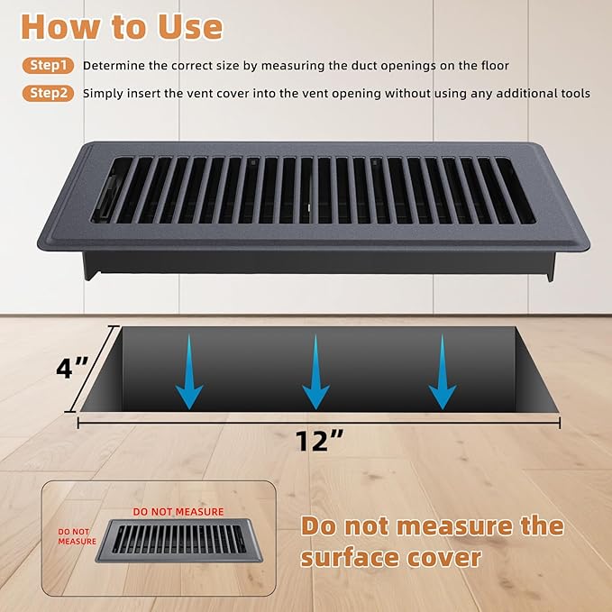 Floor Register 4 x 12, 8 Pack – Gray Heavy-Duty Steel Vent Covers for Home Floor with Adjustable Airflow Control Lever, Easy Installation and Quiet Operation for HVAC Systems Floor Vent