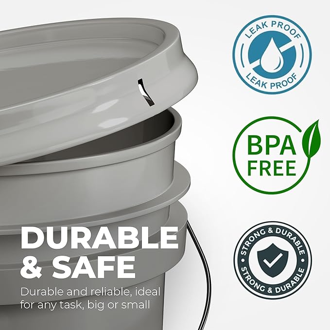 EconoHome 5-Gallon Grey Bucket Pail Container with Lid | Metal Handles with Plastic Grip for Easy Carrying | Easy Stack and Store | Heavy-Duty Extra Durable | Food Grade | BPA Free - 3 Pack