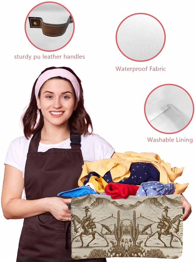 Beige Western Farmhouse Storage Bins Cubes Waterproof Cloth Storage Basket, Vintage Cowboys Cactus Foldable Storage Bags for Shelf Closet Clothes Storages Organizers with Handles 15x11x9.5 in 1PCS