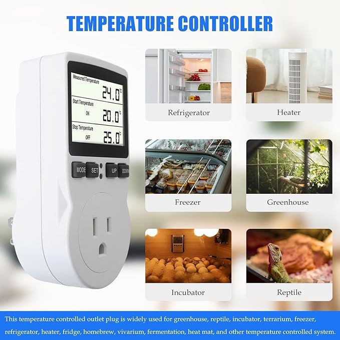 New Digital Plug-in Thermostat Outlet with External Temperature Probe - Energy Saving Controller for Infrared Heaters, for Greenhouse, for Incubator (Timer, Heating/Cooling Mode, 1800W Max)
