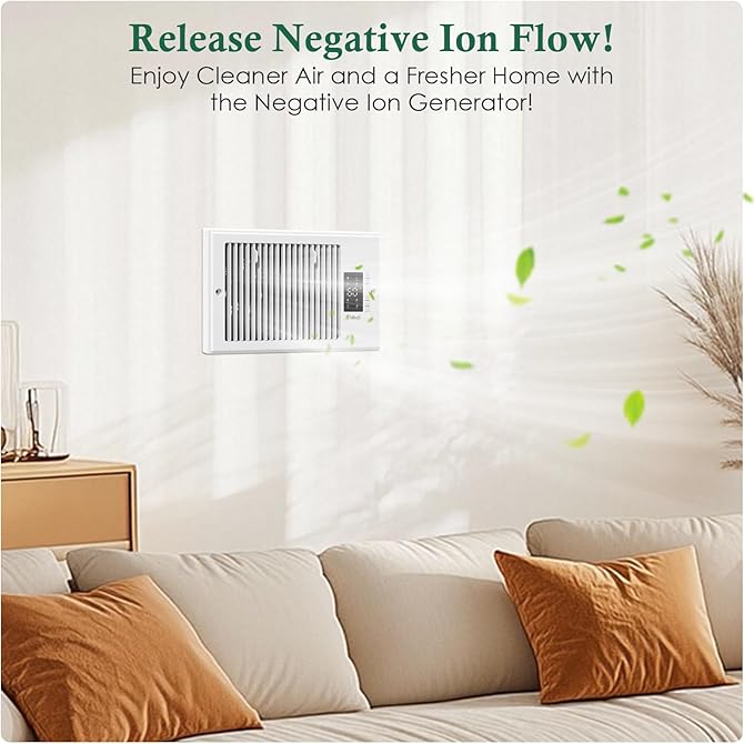 VallisCo Register Booster Fan 6" x 10" with Negative Ion, Manual Airflow Direction Control, Quiet 10-Speed Heating Cooling AC Vent Fan with Remote & Thermostat Control for Wall Floor, White