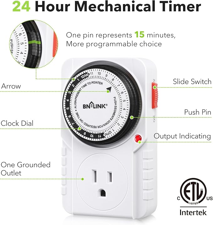 BN-LINK 24 Hour Plug-in Mechanical Timer Grounded for Aquarium, Grow Light, Hydroponics, Indoor Lighting, Home Appliances, ETL Listed 125VAC, 60 Hz, 1875W, 15A, 1/2HP (2 Pack)