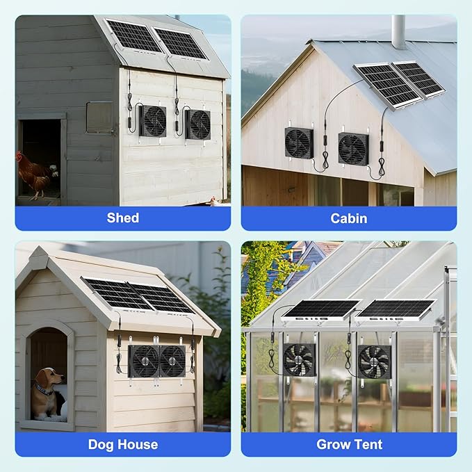 7.5" Solar Chicken Coop Fan 2 Pack, 15W x 2 Solar Powered Greenhouse Fan, Solar Exhaust & Intake Fans Outdoor Waterproof, for Outside Doghouse Shed Pet Air Circulation Ventilation Cooling
