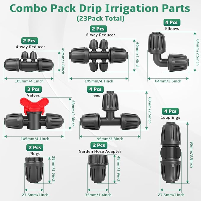 23PCs 1/2 Drip Irrigation Fittings for 1/2 & 1/4 Inch Tubing- Drip Irrigation Parts with 1/4 Reducer Connectors, 3/4 Garden Hose Adapters, Straight Tees, Couplings, Elbows,Valves, End Caps
