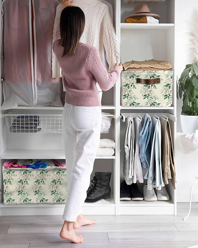 Weeping Leaves Storage Bins Cubes Waterproof Cloth Storage Basket, Summer Green Branch Berry Farmhouse Foldable Storage Bags for Shelf Closet Clothes Organizers with Handles 15x11x9.5 in 2PCS