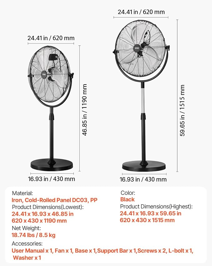 VEVOR Industrial Pedestal Fan, 20 Inch Standing Fan with 46.9 to 59.6 Inches Adjustable Height, Floor Fans with 3 Adjustable Speeds, High Power Room Fans for Office, Black