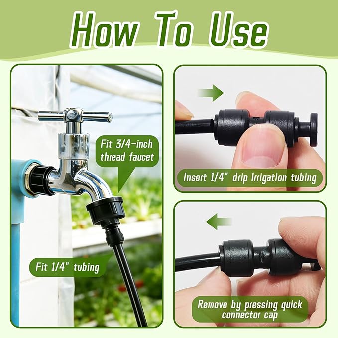 47 Pack Quick Connect 1/4" Drip Irrigation Fittings Kit, 1/4'' Drip Irrigation Tubing Push-to-Fit Connectors Parts- 5 Shut Off Valve, 10 Tees, 10 Couplings, 10 Elbows,10 End Plugs, 2 Faucet Adapters
