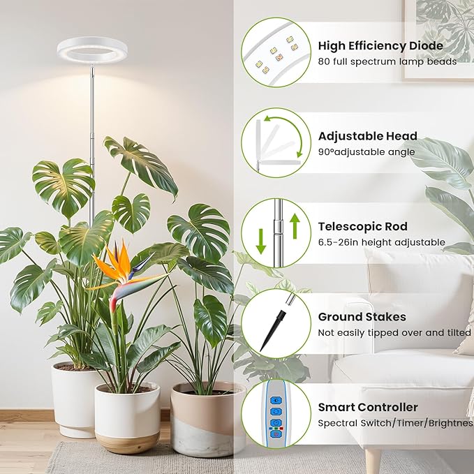 Kullsinss White Grow Light, Full Spectrum LED Plant Lights for Indoor Growing with 6/12/16H Timer, 3 Color Modes, 5 Brightness, 10"-65" Height Adjustable Plant Grow Lamp for Large Indoor Plants