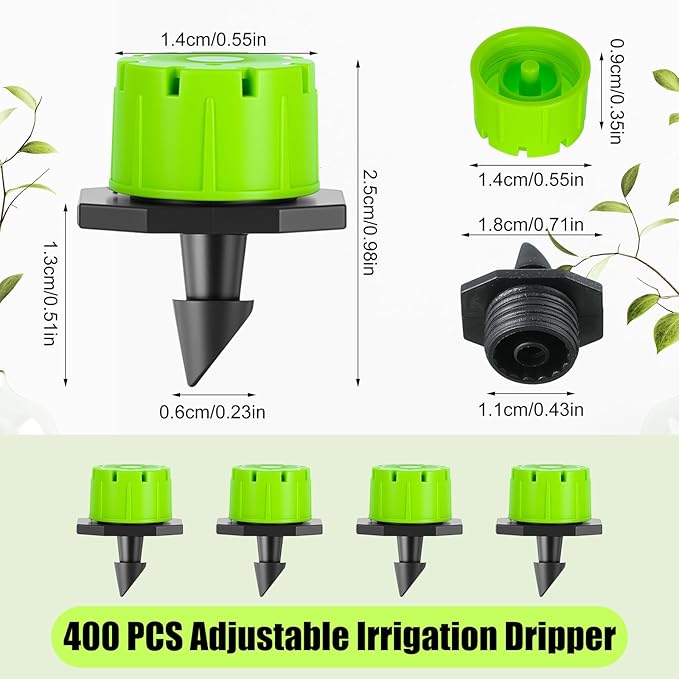 Yaocom Sprinkler Irrigation Drippers, 1/4 Inch Barbed Drip Emitter, 360 Degree Watering Adjustable Suitable Anti-Clogging Drippers for 4mm/7mm Garden Watering Tubing System(Green,400 Pcs)