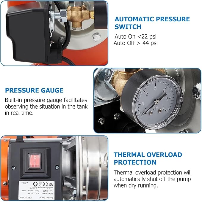 1hp Well Pump with Pressure Tank, Shallow Well Pump Water, 115V Stainless Steel Irrigation, Automatic Water Booster Jet for Home, Garden, Lawn