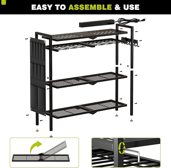NattyDot Large Power Tool Organizer Cart with Charging Station 8 Drill Holder Garage Storage Standing Heavy Duty and Stability Storage Rack Utility Tool Shelf (Black)