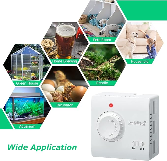 Adjustable Thermostat, Briidea Plug in Heating & Cooling Thermostat with LED Indicator, Compatible with Space Heater, Window Air Conditioners, Fans, Ideal for Household, Reptile, Greenhouse