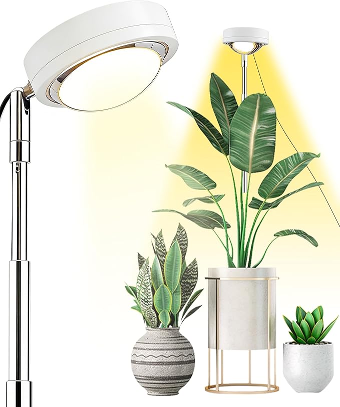 yadoker Plant Grow Light, LED Growing Light Full Spectrum for Indoor Plants,White Magnifying Glass Plant Lights,Height Adjustable, Automatic Timer, 5V Low Safe Voltage,Idea for Large