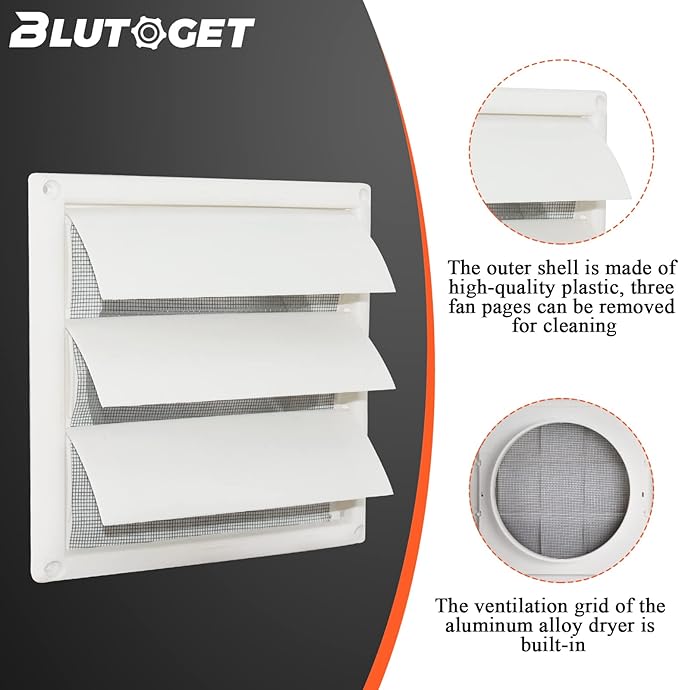 Blutoget 6" Louvered exhaust Vent Cover 8" x 8" Oversize dryer outlet cover for Exterior Wall Vent Hood Outlet Airflow - 6 Inch Vent Cover Exterior with 4 Vent Screen Screw (White)