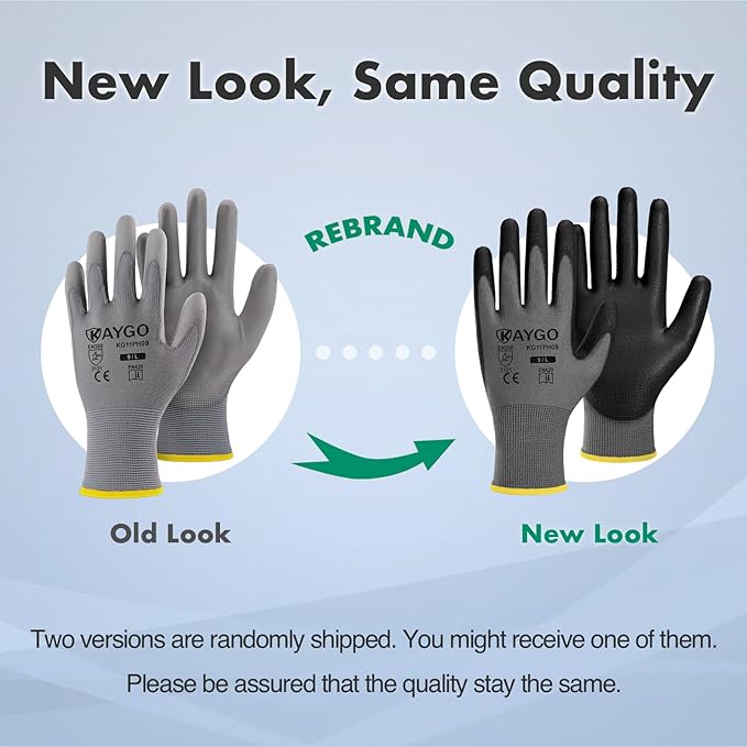KAYGO Work Gloves for Men and Women, 12 Pairs Seamless Knit PU Coated Safety Gloves, with Smooth Grip on Palm and Fingers, Ideal for Light Warehouse, Manufacturing, Gardening, KG11P (XL,Gray)