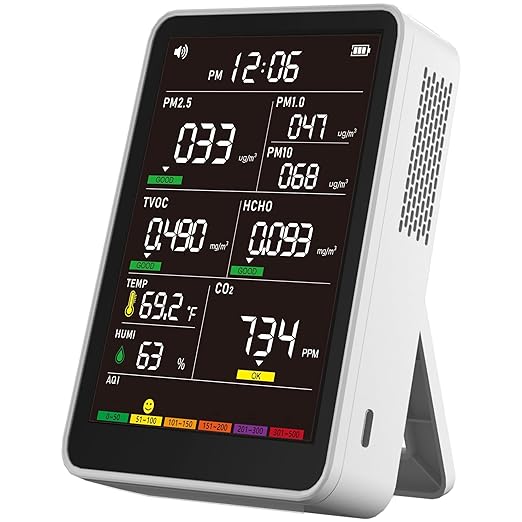 Professional Indoor Air Quality Monitor with AQI Alerts, Portable Real-Time Detector for Home, Car, Plants & Pet (Pearl White)