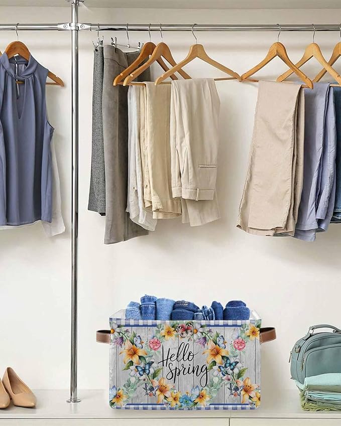 Hello Spring Storage Bins Cubes Waterproof Cloth Storage Basket,Farmhouse Floral Eucalyptus Wood Blue Plaid Foldable Storage Bags for Shelf Clothes Storages Organizers with Handles 15x11x9.5 in 1PCS