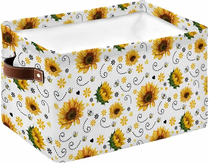 Sunflower Storage Bins Cubes Waterproof Cloth Storage Basket, Summer Botanical Farmhouse Floral Elegant Foldable Storage Bags for Shelf Clothes Storages Organizers with Handles 15x11x9.5 in 1PCS