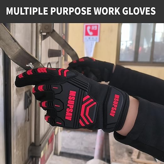 Heavy-Duty Work Gloves,Synthetic Leather Impact Protection Mechanic Rigger Glove,High Dexterity,Vibration Reduction,Touchscreen,Large,Red+Black
