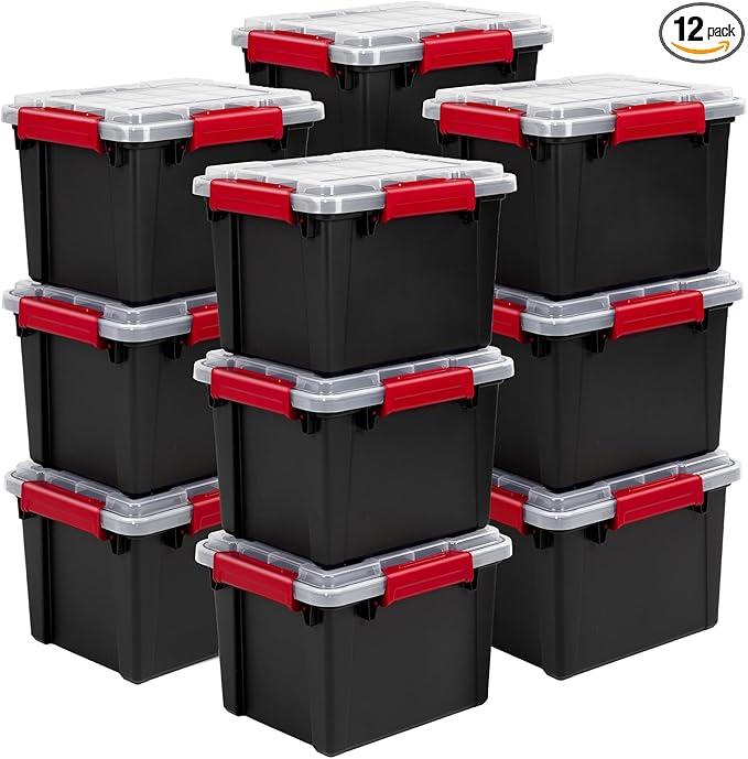 Sterilite 12 Pack 5 Gallon Gasket Box, Stackable Plastic Storage Container with Lids, Black - Waterproof and Dustproof Tote for Home Organization