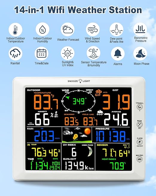 Urageuxy WiFi Weather Station with 8.07 inch Color Display – Wireless Outdoor Sensor Measures Rain Gauge, Wind Speed/Direction, Temperature, Humidity, UV, Forecasts, Barometer