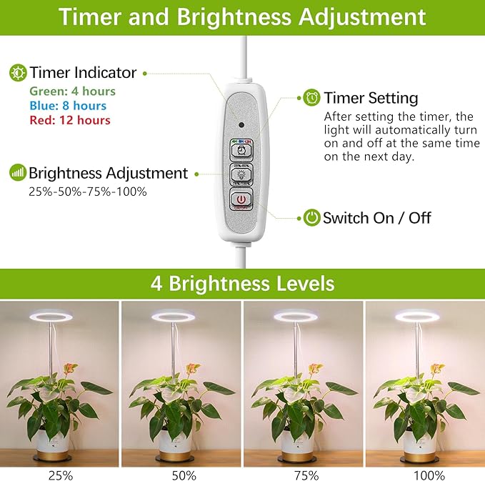 LORDEM Grow Light, LED Plant Light for Indoor Plants Growing, Full Spectrum Desk Growth Lamp with Automatic Timer for 4H/8H/12H, 4 Dimmable Levels, Height Adjustable 9.8"-30.6", 2 Pack