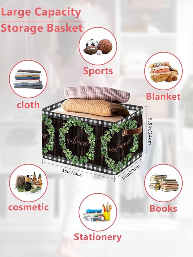 Spring Eucalyptus Leaves Storage Bins Cubes Waterproof Cloth Storage Basket,Farmhouse Botanical Brown Wood Foldable Storage Bags for Shelf Clothes Storages Organizers with Handles 15x11x9.5 in 2PCS