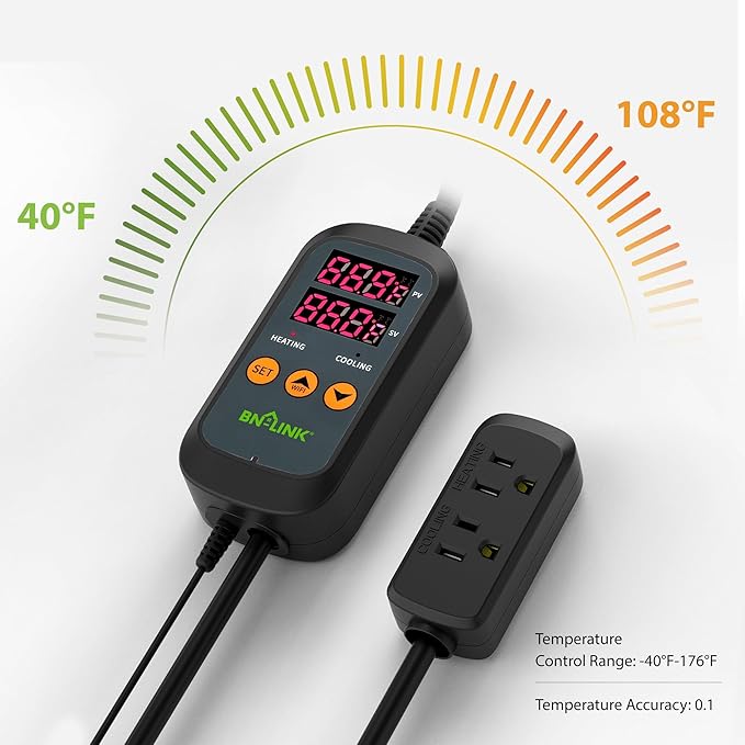 BN-LINK Smart WiFi Digital Temperature Controller Heating Cooling, Works with Alexa and Google Home. For Reptiles Aquarium Carboy Homebrew Breeding Fermenter Seed Germination °C/°F -40-176°F 15A/1875W