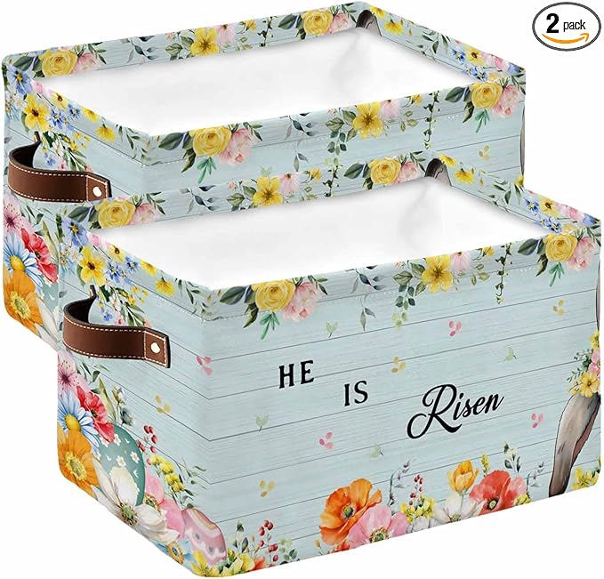 Easter Storage Bins Cubes Waterproof Cloth Storage Basket,Spring Farmhouse Bunny Flower Teal Wood Grain Foldable Storage Bags for Shelf Clothes Storages Organizers with Handles 15x11x9.5 in 2PCS