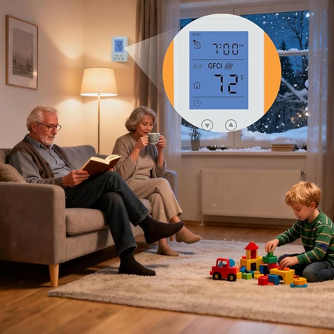 7-Day Programmable Thermostat for House Radiant Underfloor Heating,Home Floor Heating Controller,Adaptive AC Voltage(120/240V),Dual Sensing(Air&Floor Sensor) Built-in Class A GFCI,LED Backlit Display
