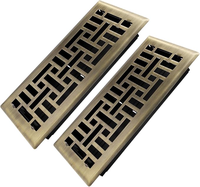 Howeall 4x10 Inches 2 Pack Heavy Duty Walkable Floor Register Easy Adjust Air Supply Lever Floor Vents - Seattle Design - Vent Cover for Home Floor - Antique Brass