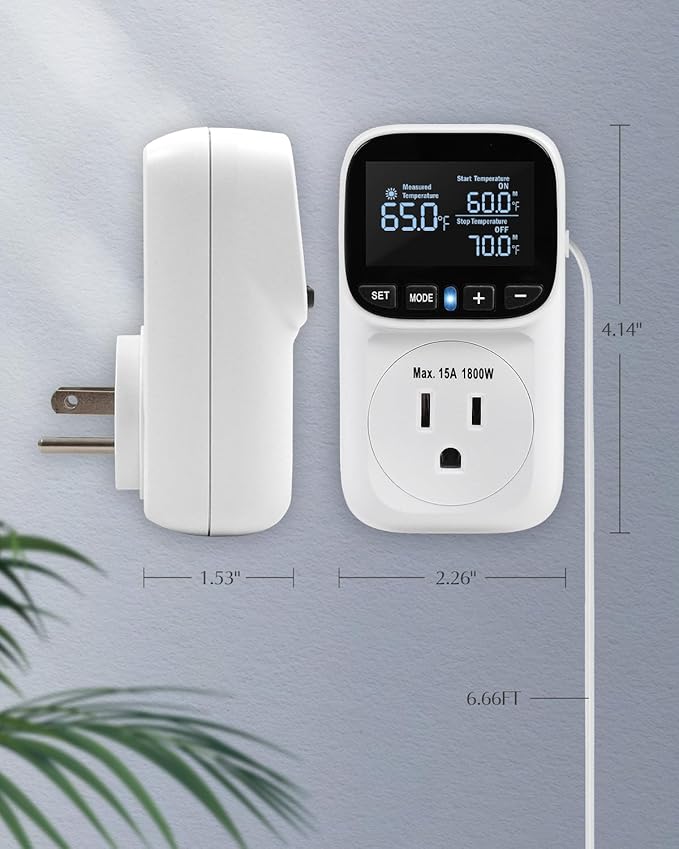 Digital Temperature Controller, Heating & Cooling Thermostat Plug Outlet, –40°F~210°F, 15A 1800W, LCD Display, Temperature Controlled Outlet for Home, Greenhouse, Chicken Coop, Reptile