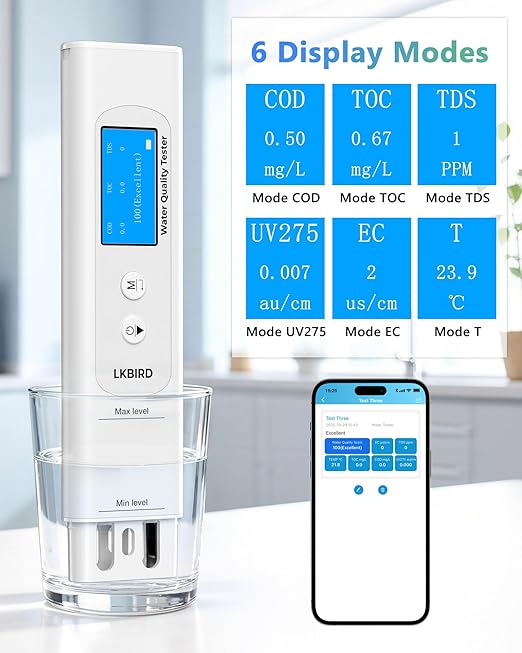 6-in-1 Smart Water Tester for Drinking Water with APP Monitoring, Digital Water Testing Kit for TDS Meter, EC, Temp, TOC, COD, UV275, Professional Water Tester for Home, Well, Tap & Outdoor.