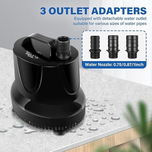 Simple Deluxe 1056GPH 85W Bottom Suction Water Table Pump (4000L/H) with 3 Nozzles for Fish Tank, Pond, Aquarium, Hydroponics, Black