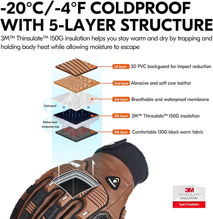 Vgo... 1 Pair -20℃/-4°F COLDPROOF,Winter Work Leather Gloves,Impact Gloves,Anti-Vibration,Water Resistant(CA7722FW)