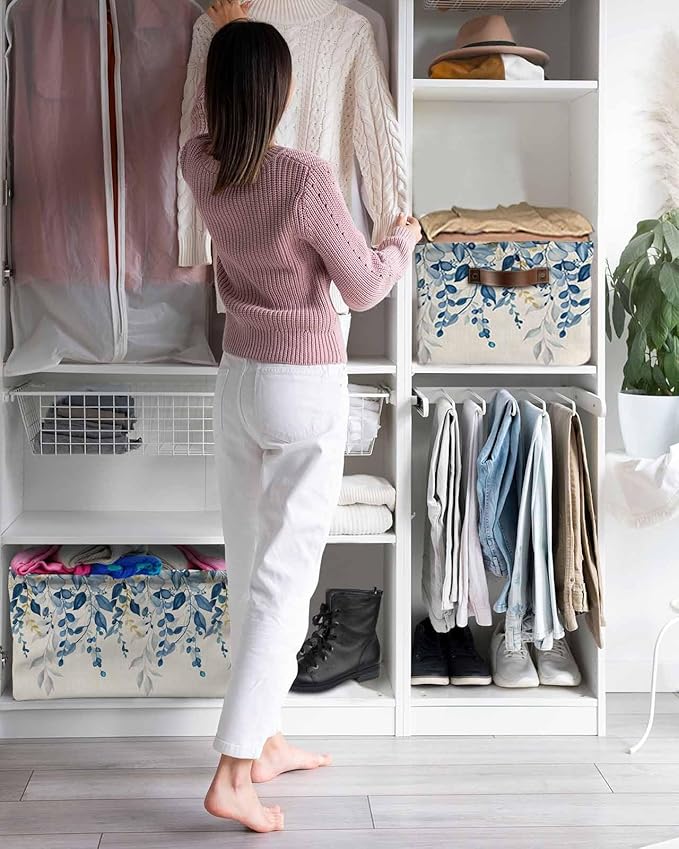 Blue Eucalyptus Storage Bins Cubes Waterproof Cloth Storage Basket, Farmhouse Weeping Leaves Linen Foldable Storage Bags for Shelf Closet Clothes Storages Organizers with Handles 15x11x9.5 in 1PCS
