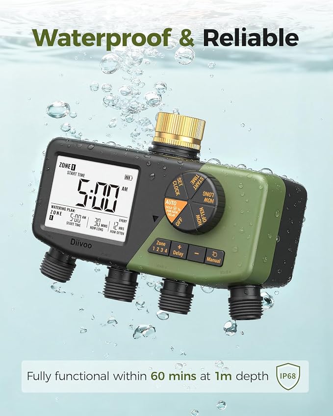 Diivoo 4 Zone Sprinkler Timer with Brass Inlet, IP68 Waterproof 4 Zone Water Timer with Large Display, Digital Control & Rain Delay & Manual Watering for Garden Hose, Lawn, Yard