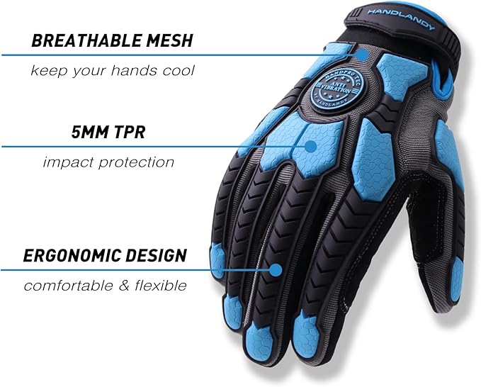 HANDLANDY HLDD Heavy Duty Work Gloves, TPR Protector Impact Gloves, Men Anti Vibration Mechanic Work Glove TouchScreen