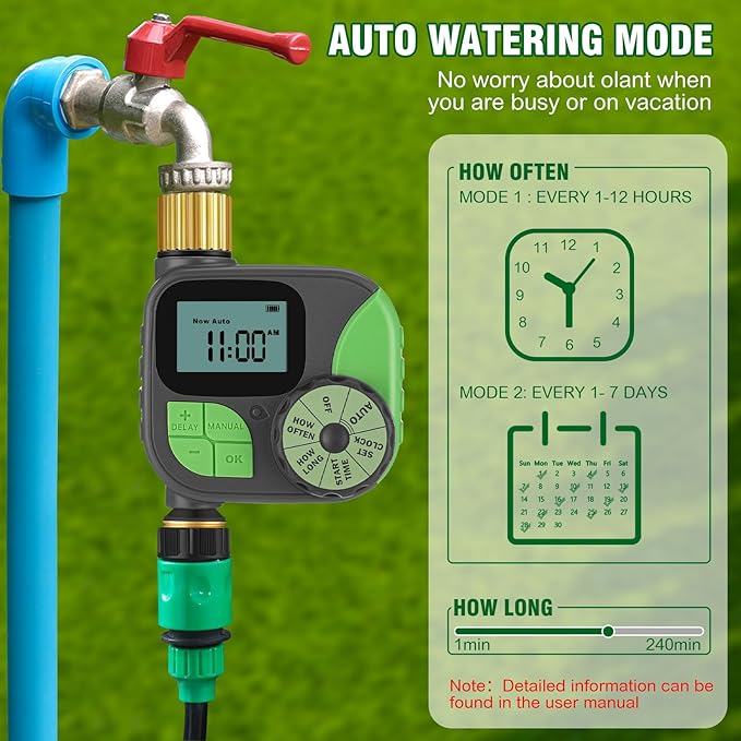 Kingdder Water Timer, Sprinkler Timer with Brass Inlet and Outlet Programmable Garden Hose Faucet with Rain Delay/Manual/Automatic Irrigation System for Yard Lawn IP54 Waterproof (1 Outlet)