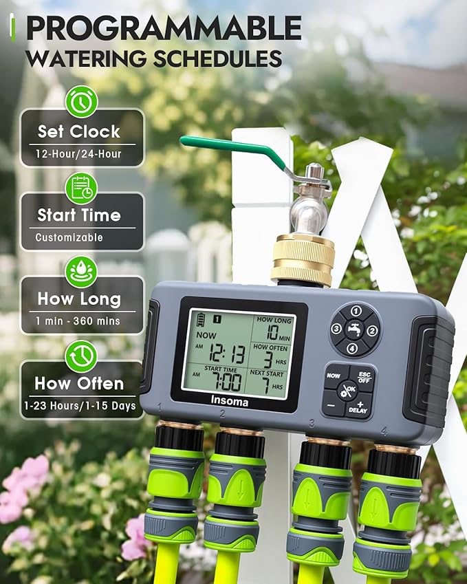 Insoma Water Timer 4 Zones with Brass Inlet & Outlet, Automatic Garden Hose Timer with Manual/Rain Delay & Large Display, IPX5 Waterproof Faucet Timers for Sprinkler System, Yard, Lawn, Greenhouse